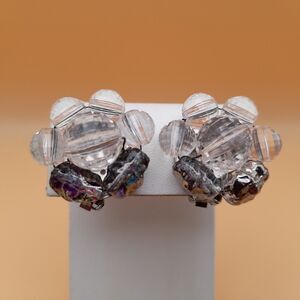 Vintage Art Lava Glass Clear Faceted Bead Earrings, Silver Tone, Clips